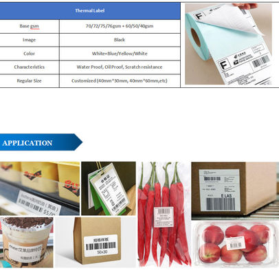 65 g/70 g weiß/gelb/blau Fett/wasserdicht Logistik Glaspapier Wärmeetikett Papier Roll direkt selbstklebend